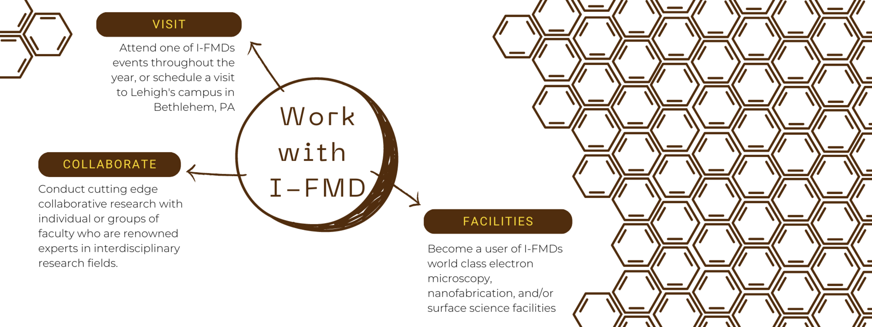 Image describing the ways to work with I-FMD. They include visiting, collaborating, and becoming a user of I-FMD's facilities. More description of each is on this page.